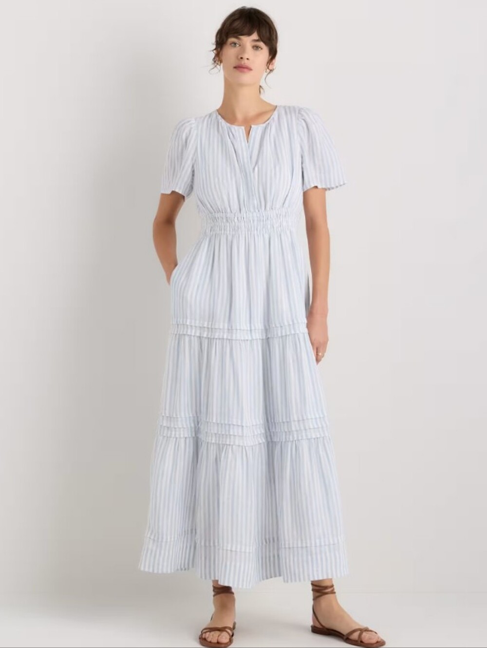 Quince Blue Pinstripe 100% Linen Tiered Maxi Dress Womens XL Retail $168
